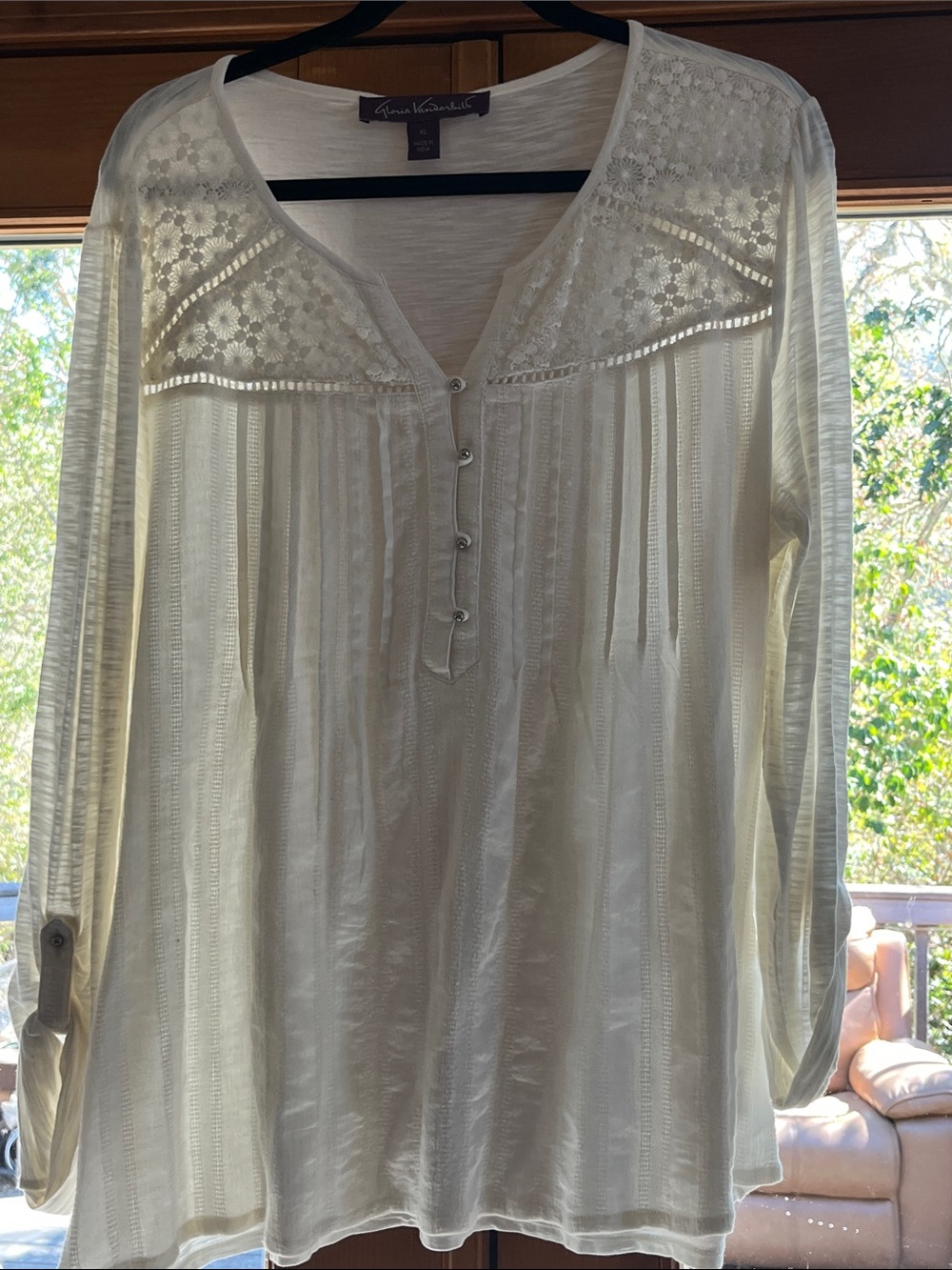 Gloria Vanderbilt Ivory Lace Yoke Henley Tunic